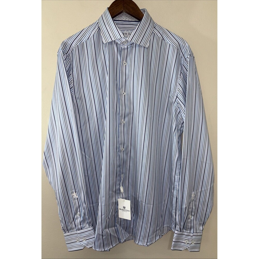 BUGATCHI Designer Dress Shirt 16 1/2 36/37 Sky Blue Color Striped Patterned NWT